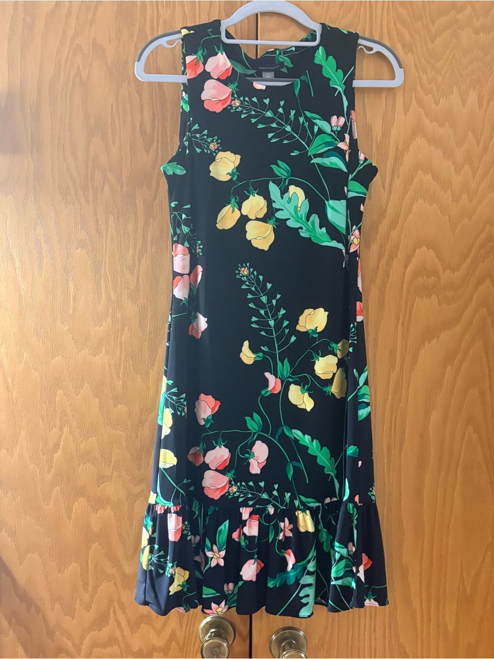 Tommy Hilfiger Black Floral Sleeveless A-Line Dress with Ruffle Hem Size 2